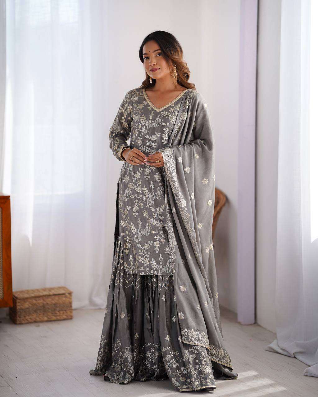 Women's Chinon Silk Embroidery Sequence Work Straight Kurti With Sharara Suit and Dupatta Set - Image 6