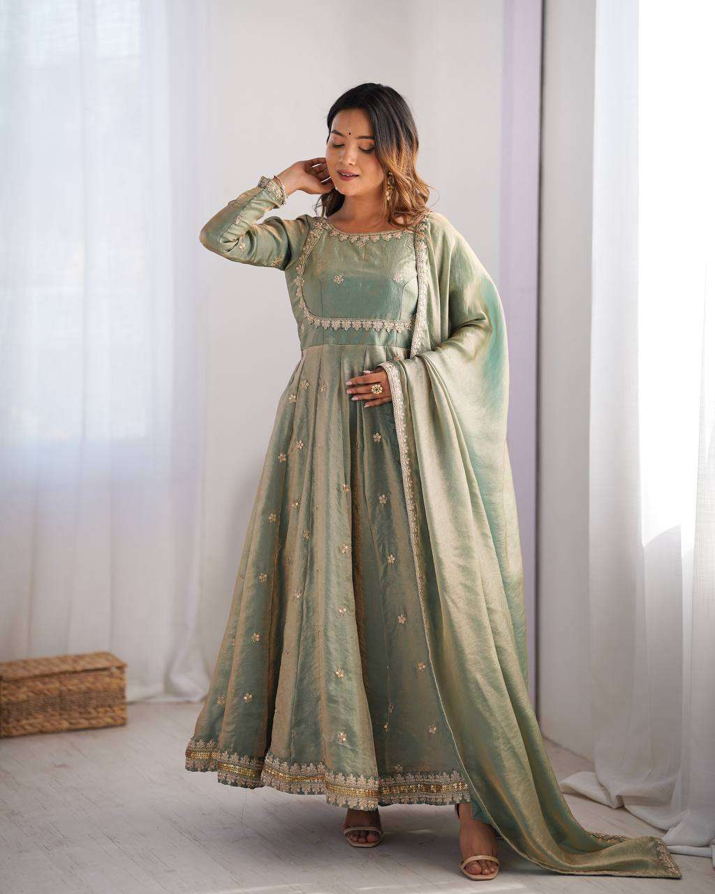 Women's Fandy Silk Coding with Sequnce work Long Anarkali Kurti Gown With Dupatta - Image 7